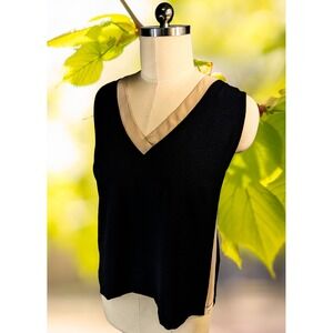 DKNY Womens XL Black V-Neck Sleeveless Top Tan Chiffon Trim Mixed Media Shell